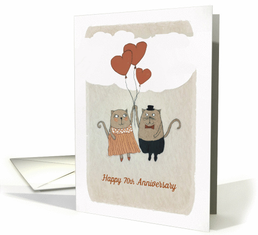 Happy 70th Wedding Anniversary, Two Cats, Heart Balloons card