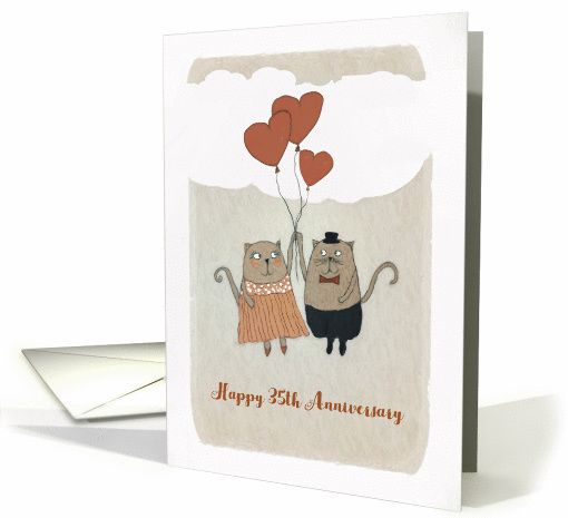 Happy 35th Wedding Anniversary, Illustration, Cats and hearts card