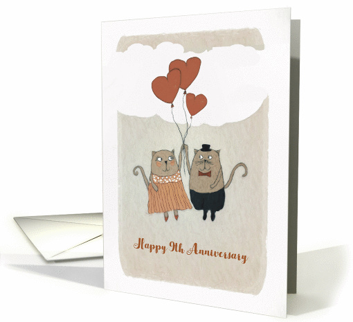 Happy 9th Wedding Anniversary, Illustration, Cats and hearts card