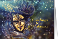 Greetings from Alabama, Mardi Gras, Gold Effect, Mask card