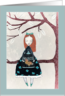Blank Note Card, Girl in a Tree, Butterfly in Cage, Folk Art Painting card