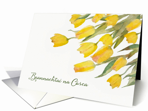 Happy Easter in Irish Gaelic, Tulips, Watercolor Painting card