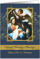 Dear Son and Fiancee, Christmas Blessings, Nativity, Gold Effect card