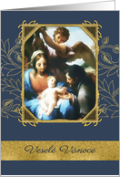 Merry Christmas in Czech, Vesel Vnoce, Nativity,Gold Effect card