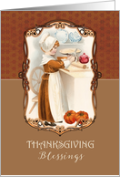 Thanksgiving Blessings, Scripture, Vintage Pilgrim Lady, Pumpkins card