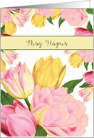 Happy Easter in Welsh, Pasg Hapus, Yellow and Pink Tulips card