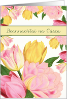 Happy Easter in Irish Gaelic, Yellow and Pink Tulips card