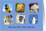 IOU A Visit to the Zoo, Customizable, Parrot, Lion, Zebra, Monkey card