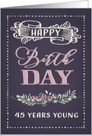 45 Years Young, Happy Birthday, Retro Design, Purple Background card