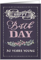 30 Years Young, Happy Birthday, Retro Design, Purple card