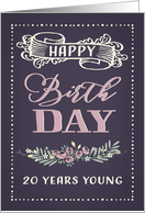 20 Years Young, Happy Birthday, Retro Design, Purple card