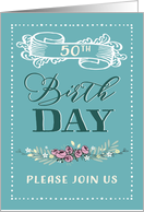 50th Birthday Party Invitation, Contemporary, floral, Mint card