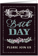 50th Birthday Party Invitation, Contemporary, floral, Black card