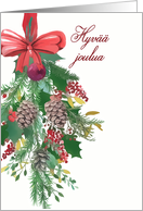Merry Christmas in Finnish, Watercolor Wreath and Ribbon card