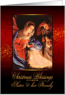 Sister and her Family, Christmas Blessings, Nativity, Gold Effect card