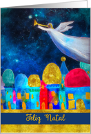 Merry Christmas in Portuguese, Feliz Natal, Angel, Gold-Effect card