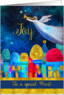 To a special Priest, Christmas, Bethlehem, Angel, Gold-Effect card