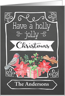 Name Customizable, Holly Jolly Christmas, Bird, Poinsettia, Chalkboard card