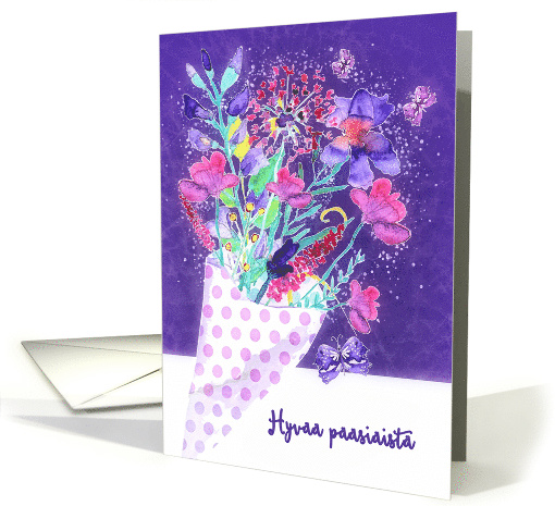 Happy Easter in Finnish, Watercolor Spring Bouquet card (1510040)