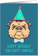Happy Birthday, You Party Animal, Retro Bulldog with Hat, Humor, Blue card