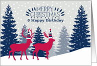 Merry Christmas and Happy Birthday, Winter Landscape, Reindeer card