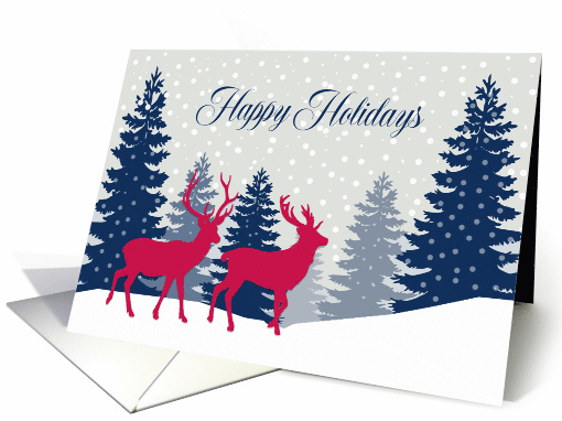 Happy Holidays, Landscape, Reindeer, Red, White, Blue card (1537346)