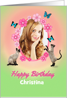 Cats and butterflies photo and name birthday card