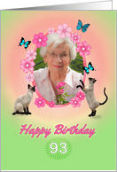 93rd Birthday card with cats and butterflies, add photo and name card