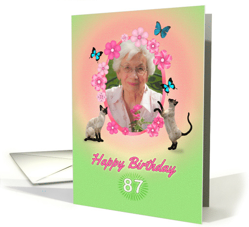 87th Birthday card with cats and butterflies, add photo and name card