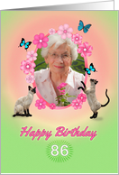 86th Birthday card with cats and butterflies, add photo and name card