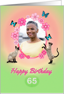 65th Birthday card with cats and butterflies, add photo and name card