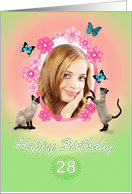 28th Birthday card with cats and butterflies, add photo and name card