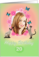 20th Birthday card with cats and butterflies, add photo and name card