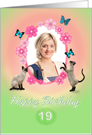 19th Birthday card with cats and butterflies, add photo and name card