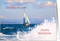Father-in-Law, birthday card with yacht and splashing water card