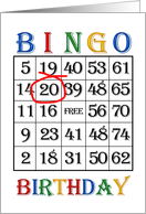 20th Birthday Bingo card
