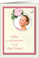 Add a picture, Birthday card with pink rose and jewels card