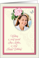 Add a picture,step-mother birthday with pink rose and jewels card