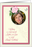 Add a picture,mother-in-law birthday with pink rose and jewels card