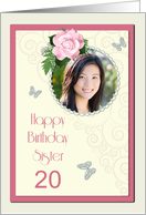 Add a picture,Sister age 20, with pink rose and jewels card