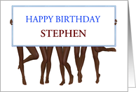 Birthday Custom Name with Women Holding Banner and Sexy Legs Showing card