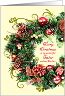 Sister and Partner Christmas Wreath with Scrolls Merry Christmas card