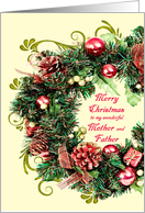 Mother and Father Christmas Wreath with Scrolls Merry Christmas card