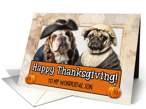 Son Thanksgiving Pilgrim Bulldog and Pug couple card (1780944)