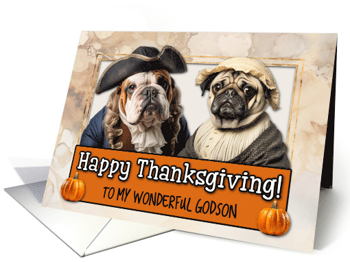 Godson Thanksgiving Pilgrim Bulldog and Pug couple card (1781054)