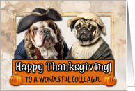 Colleague Thanksgiving Pilgrim Bulldog and Pug couple card