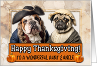 Aunt and Uncle Thanksgiving Pilgrim Bulldog and Pug couple card