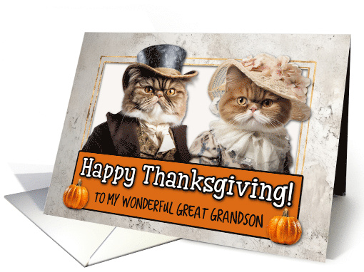Great Grandson Thanksgiving Pilgrim Exotic Shorthair Cat couple card