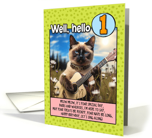 1 Year Old Happy Birthday Siamese Cat Playing Guitar card (1789522)