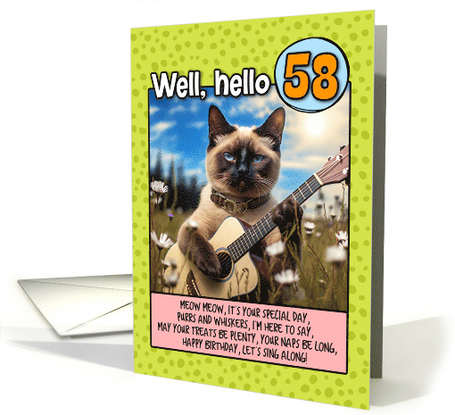 58 Years Old Happy Birthday Siamese Cat Playing Guitar card (1791050)